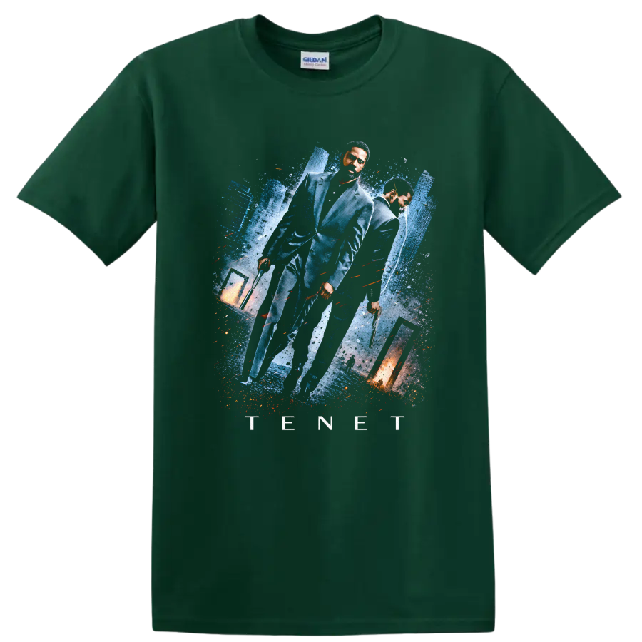 Vintage Cult Movie Tenet T Shirt on a Forest Green T Shirt
