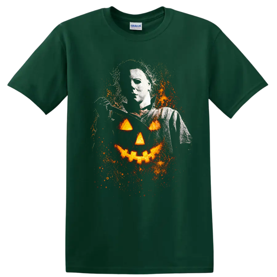 Vintage Cult Movie Halloween Jamie Lee Curtis T Shirt on a Forest Green T Shirt
