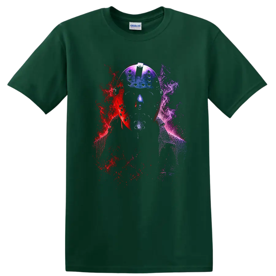 Hockey Mask Graphic T Shirt Horror Art Smoke Effects Retro Vintage Tee - Forest Green