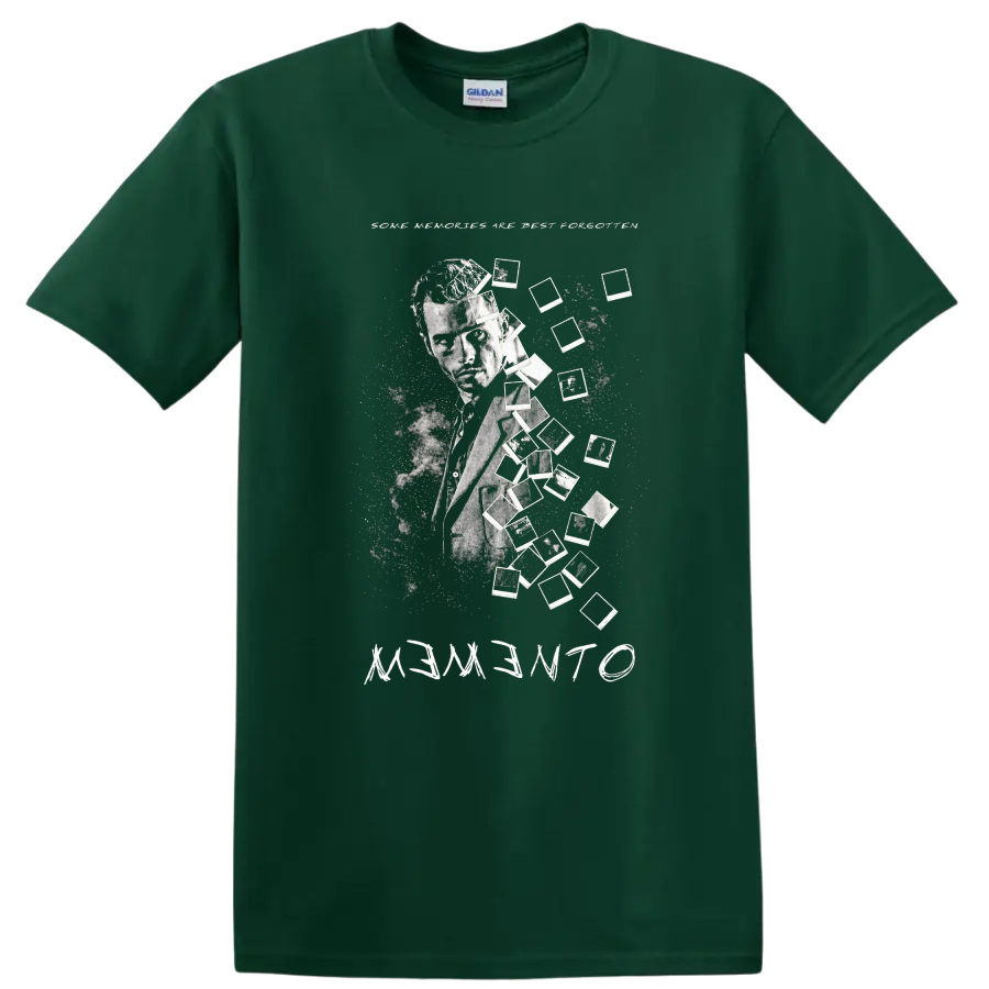 Vintage Cult Movie Memento T Shirt on a Forest Green T Shirt