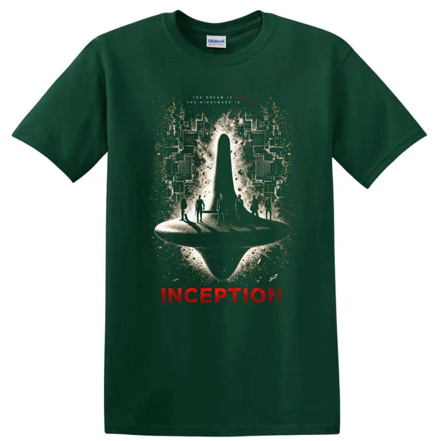 Inception Vintage Cult Movie T Shirt on a Forest Green T Shirt