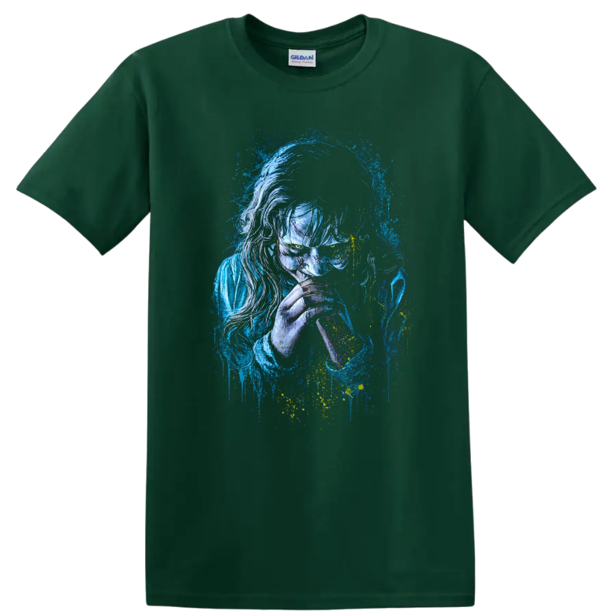 The Exorcist Vintage Cult Movie T Shirt on a Forest Green T Shirt