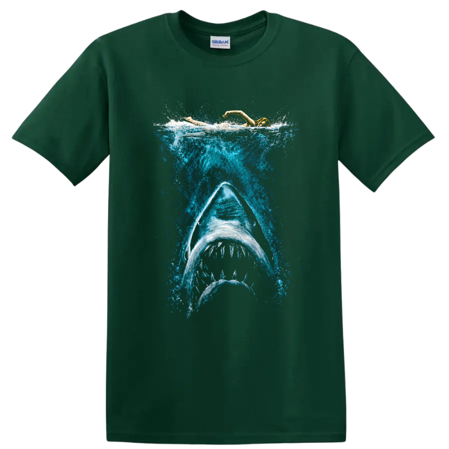 Great white shark beneath a swimmer in a dramatic blue underwater splash design on a Forest Green T Shirt