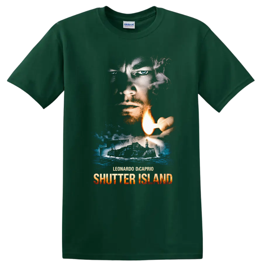 Shutter Island Vintage Cult Movie Character Portrait T Shirt on a Forest Green T Shirt