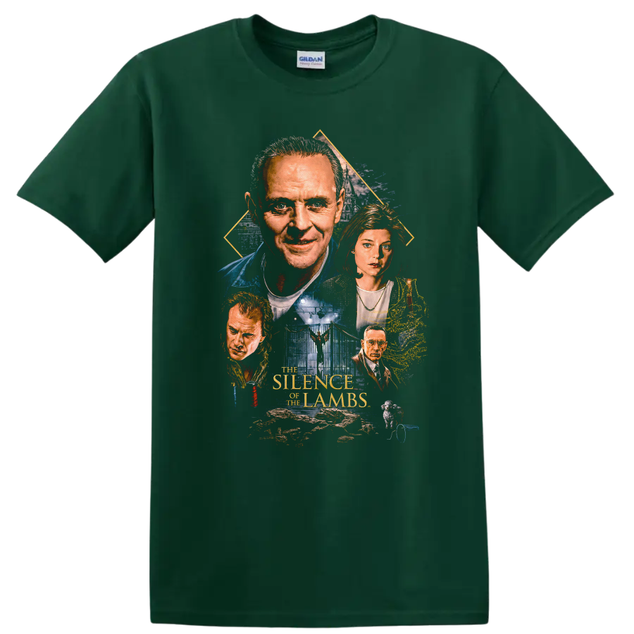 Vintage Cult Movie The Silence of the Lambs T Shirt on a Forest Green T Shirt