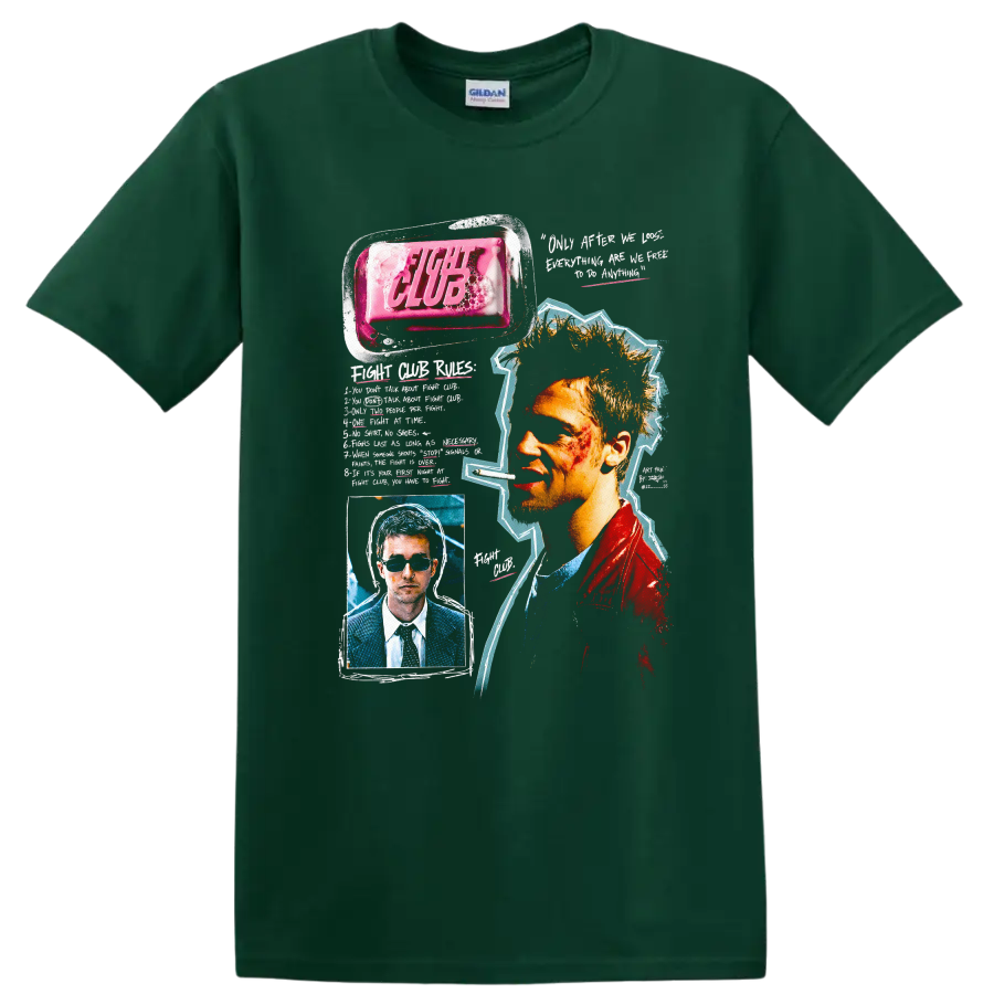Vintage Fight Club T Shirt on a Forest Green T Shirt