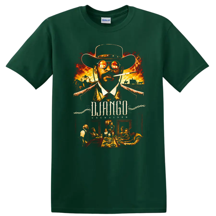 Django Unchained Movie Poster T Shirt Graphic Tee for Fans of Western Films - Forest Green
