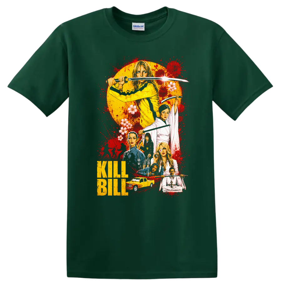 Kill Bill Vintage Cult Movie Character Portrait Style T Shirt on a Forest Green T Shirt