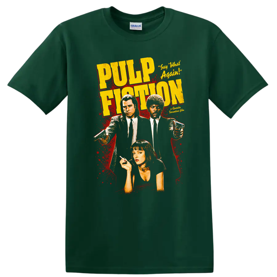 Pulp Fiction Vintage Movie Character Portrait T Shirt on a Forest Green T Shirt
