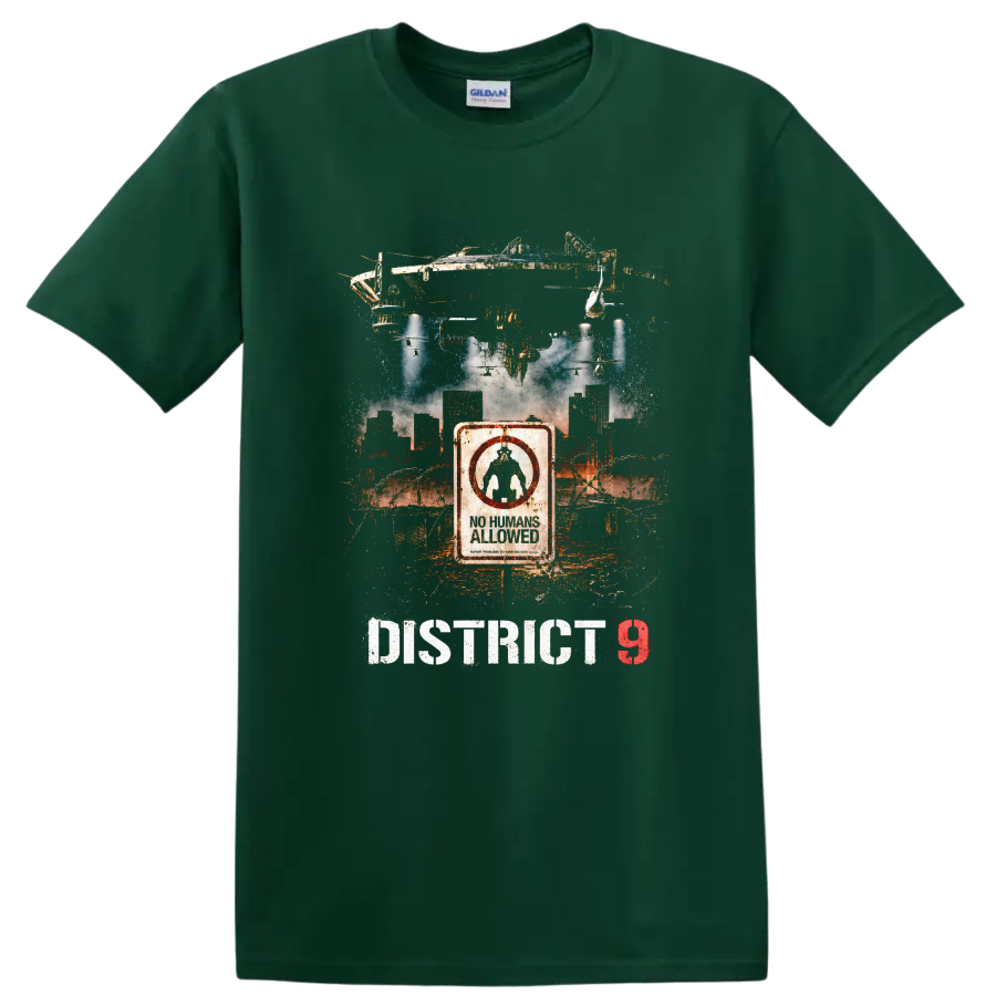 District 9 Vintage Cult Movie T Shirt on a Forest Green T Shirt