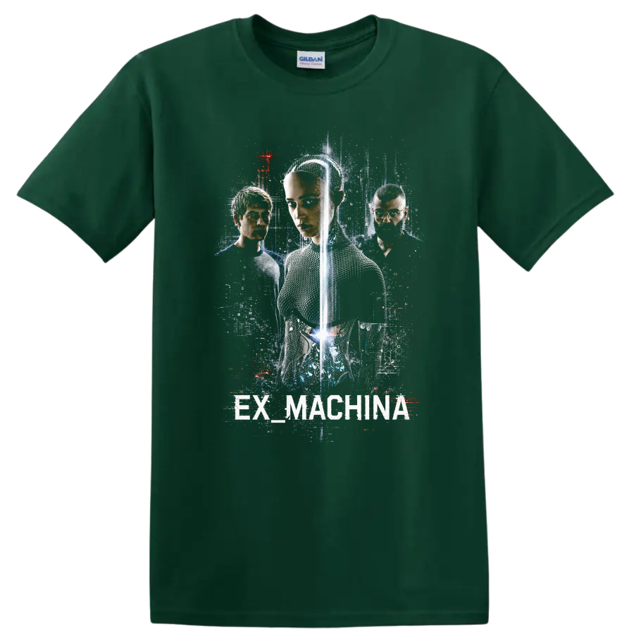 Ex Machina Vintage Cult Movie Character Portrait T Shirt on a Forest Green T Shirt