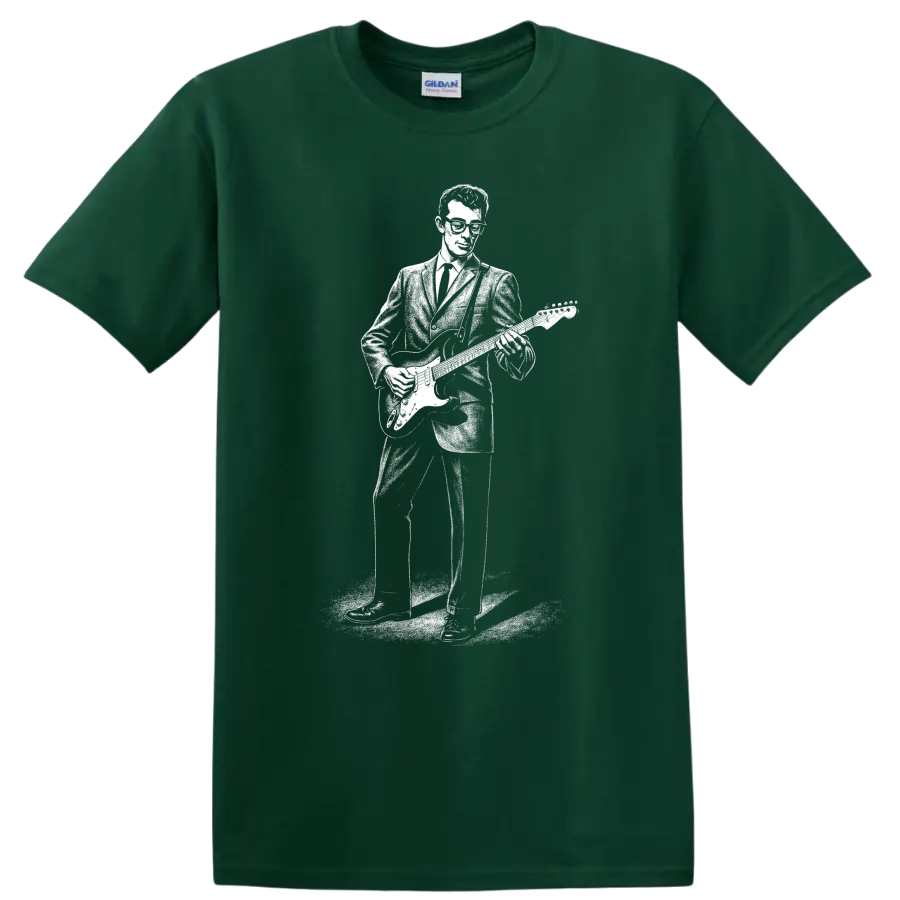 Buddy Holly T Shirt Rock Legend Guitar Player Silhouette Music Fan Tee Gift Cool - Forest Green