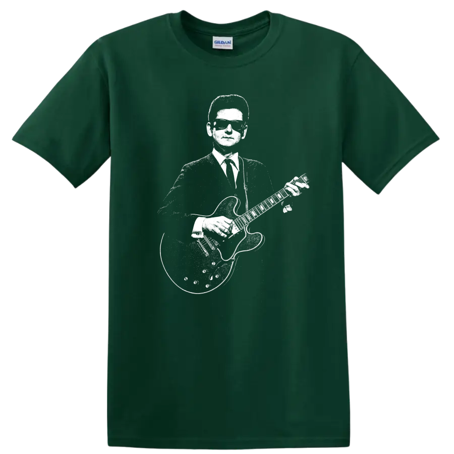 Roy Orbison Rock Legends Pixel Art Guitar T Shirt - Forest Green