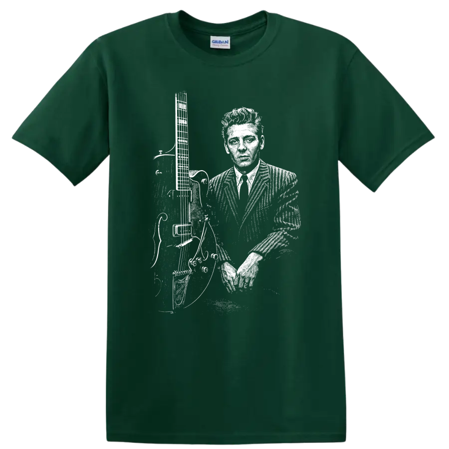 Eddie Cochran Rock Legends Silhouette Guitar T Shirt - Forest Green