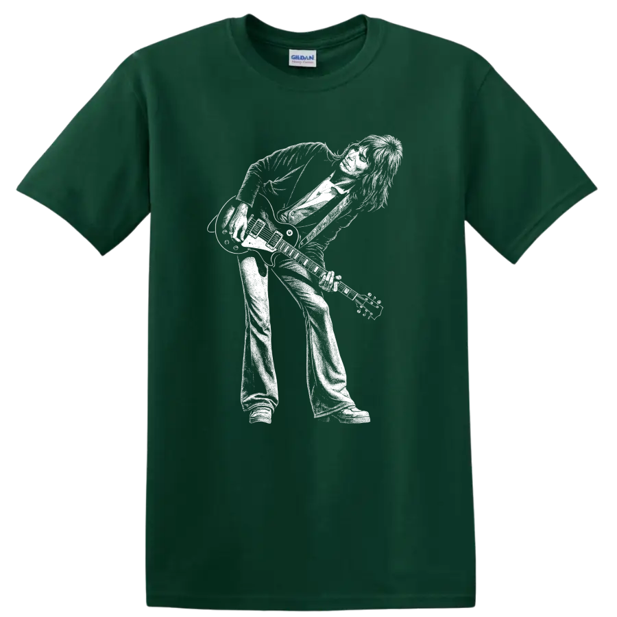 Jeff Beck Rock Legends Portrait T Shirt for Classic Guitar Fans - Forest Green