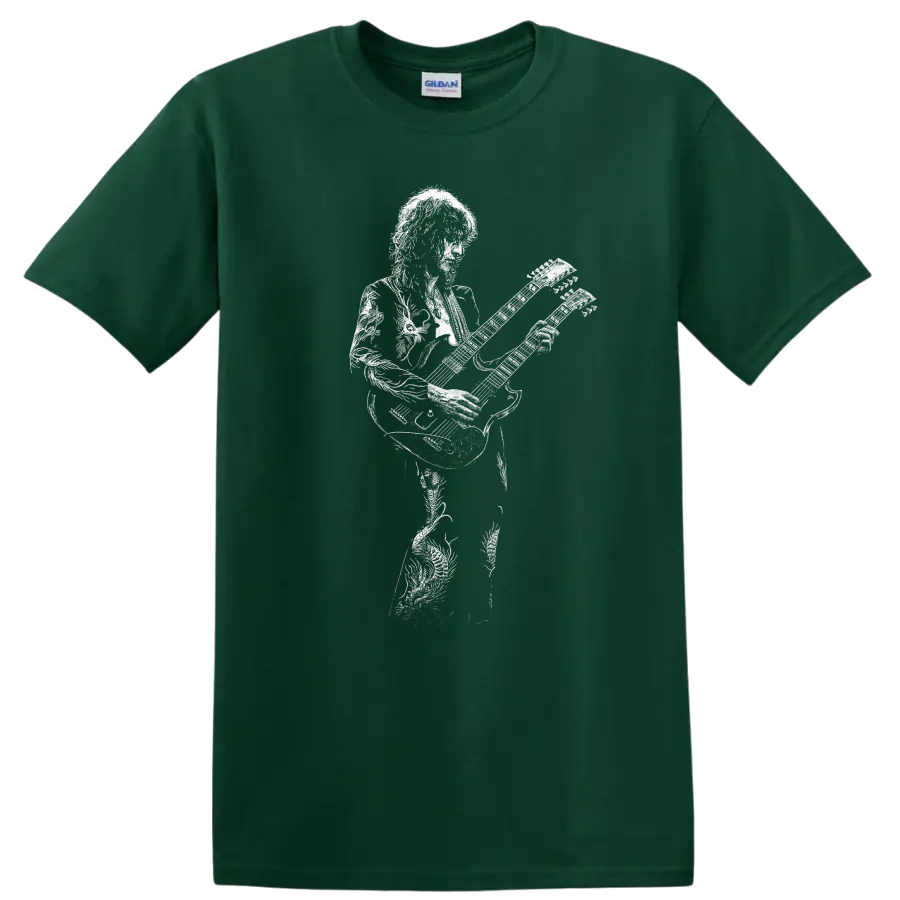 Jimmy Page Led Zeppelin Rock Legends Silhouette Guitar T Shirt - Forest Green