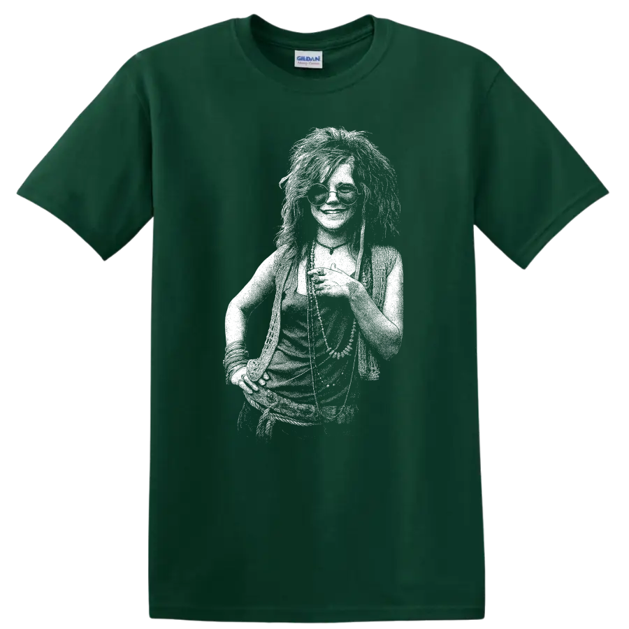 Janis Joplin Rock Legends Vintage Style T Shirt for Music Fans - Forest Green