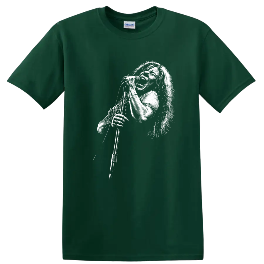 Janis Joplin Rock Legends Portrait T Shirt for Classic Music Fans - Forest Green
