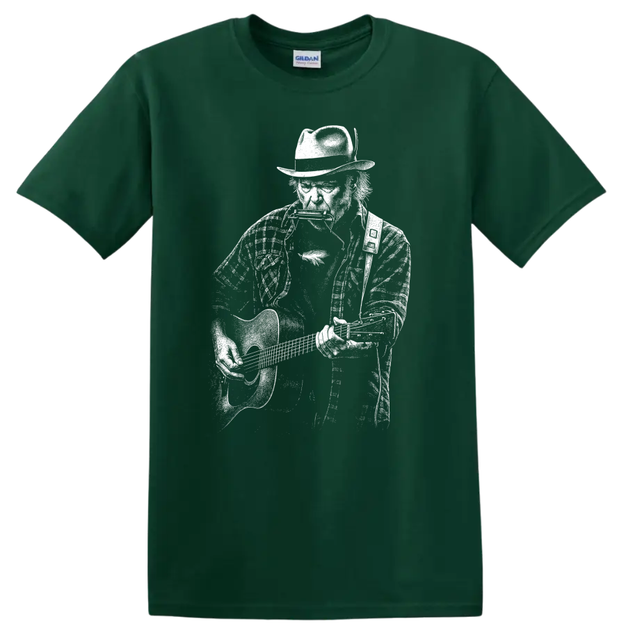 Neil Young Rock Legends T Shirt Vintage Music Fan Tribute - Forest Green