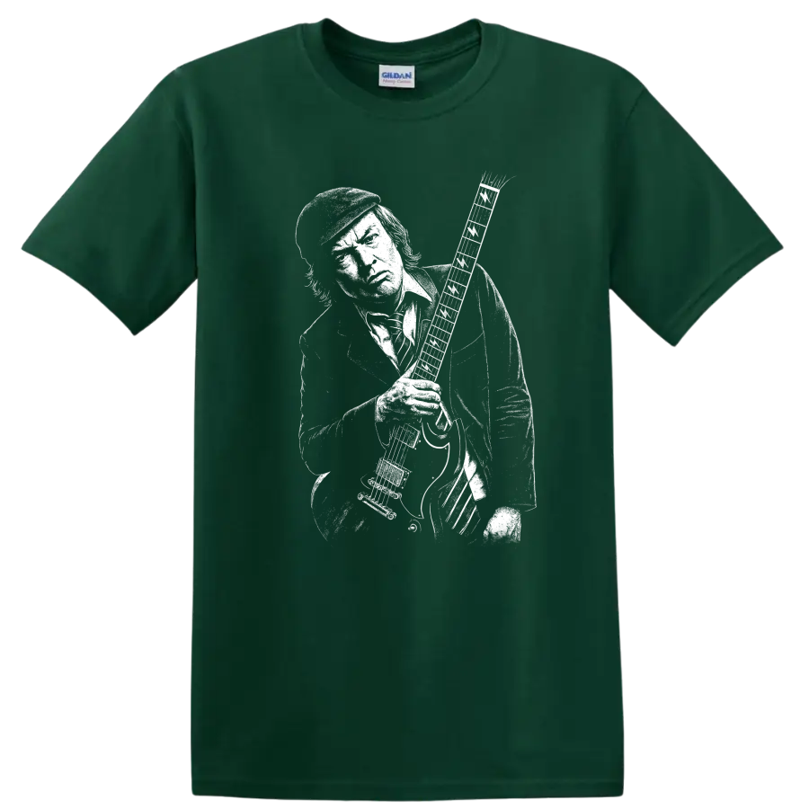 Angus Young AC DC Rock Legends Guitar Pose T Shirt - Forest Green