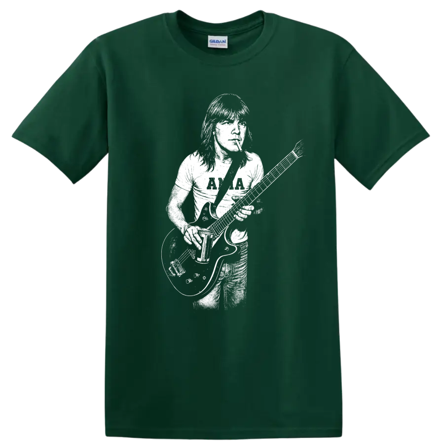 Malcolm Young AC/DC Rock Legends Guitar Silhouette T Shirt - Forest Green