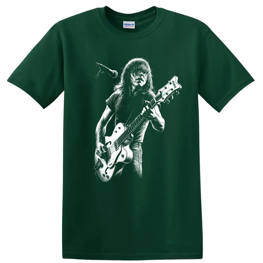 Malcolm Young AC/DC Rock Legends Guitar Silhouette T Shirt - Forest Green