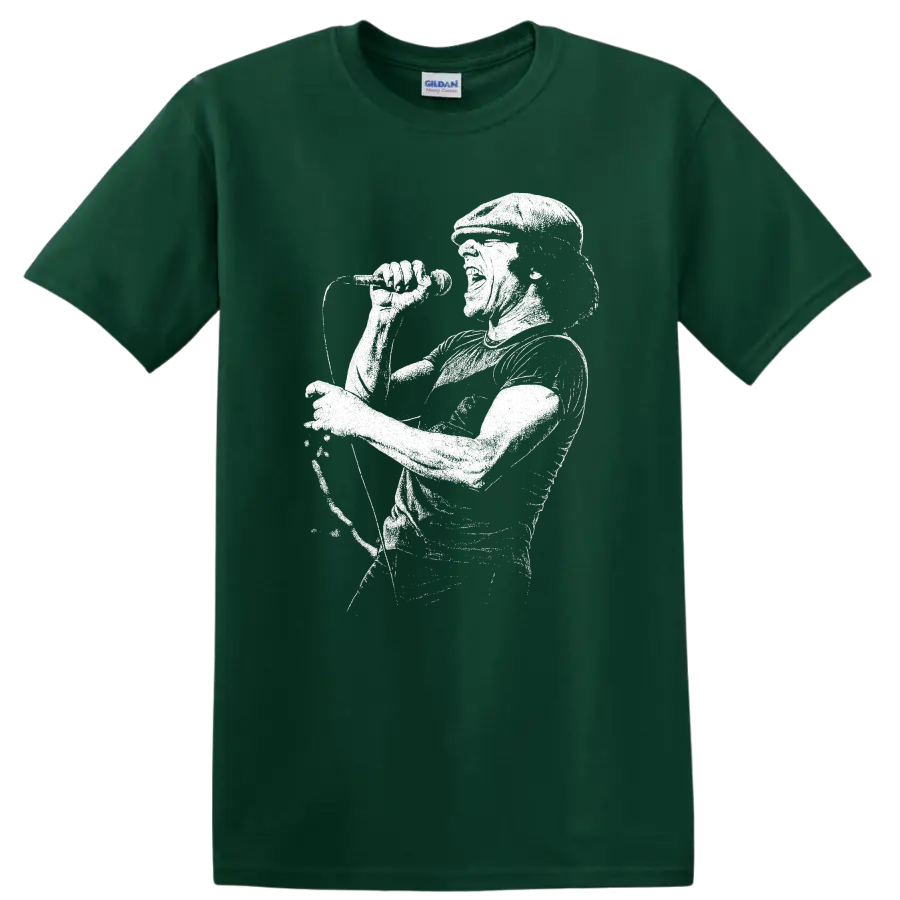 Brian Johnson AC DC Rock Legends Portrait T Shirt for Classic Rock Fans - Forest Green