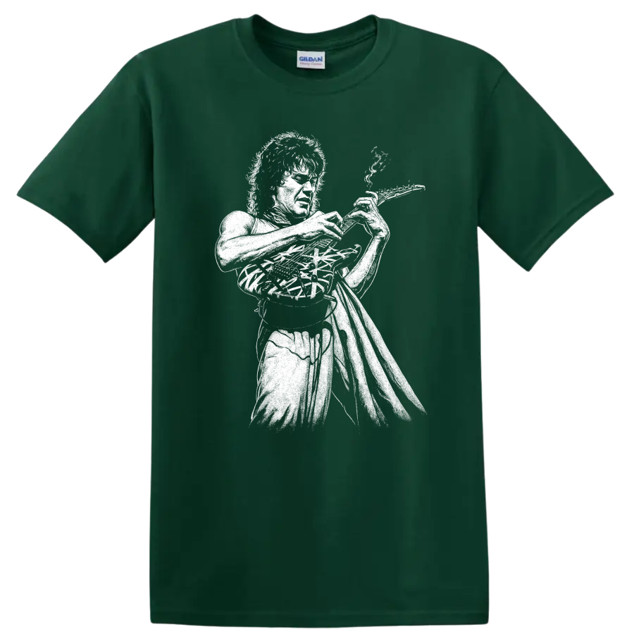 Eddie Van Halen Rock Legends Tribute T Shirt Classic Guitar Logo - Forest Green