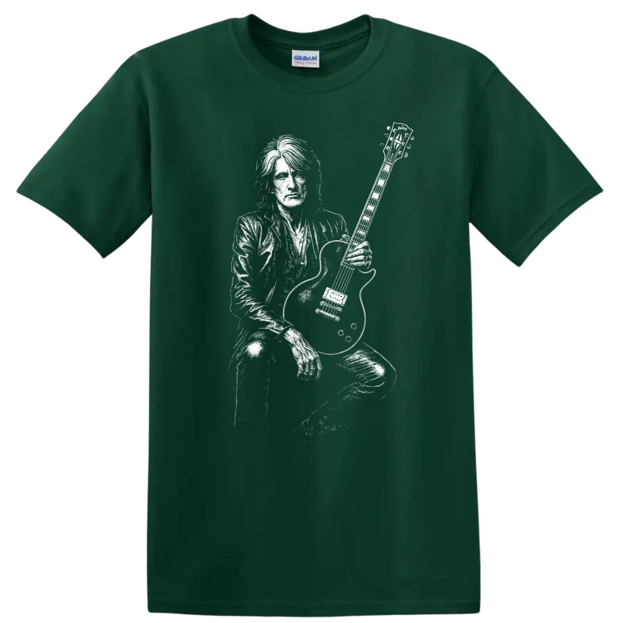 Joe Perry Aerosmith Rock Legends Silhouette Guitarist T Shirt - Forest Green