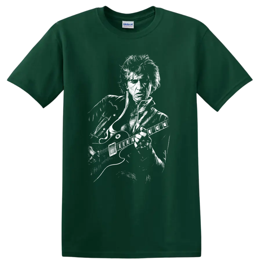 Black-and-white graphic portrait of Joe Perry on a T shirt on a Forest Green T Shirt
