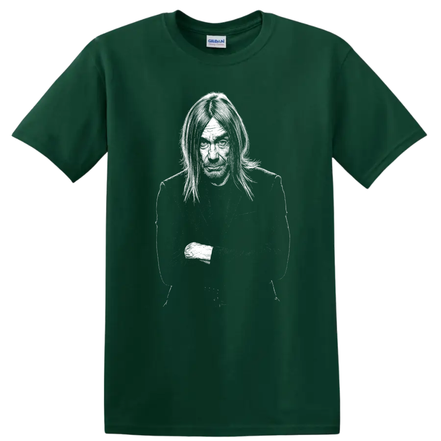 Iggy Pop The Stooges Rock Legends Portrait T Shirt for Classic Music Fans - Forest Green