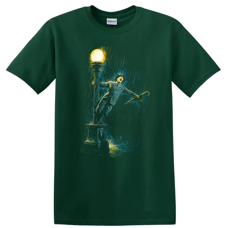Vintage Singing in the Rain inspired artwork with umbrella, streetlamp, and rain, T-shirt graphic on a Forest Green T Shirt