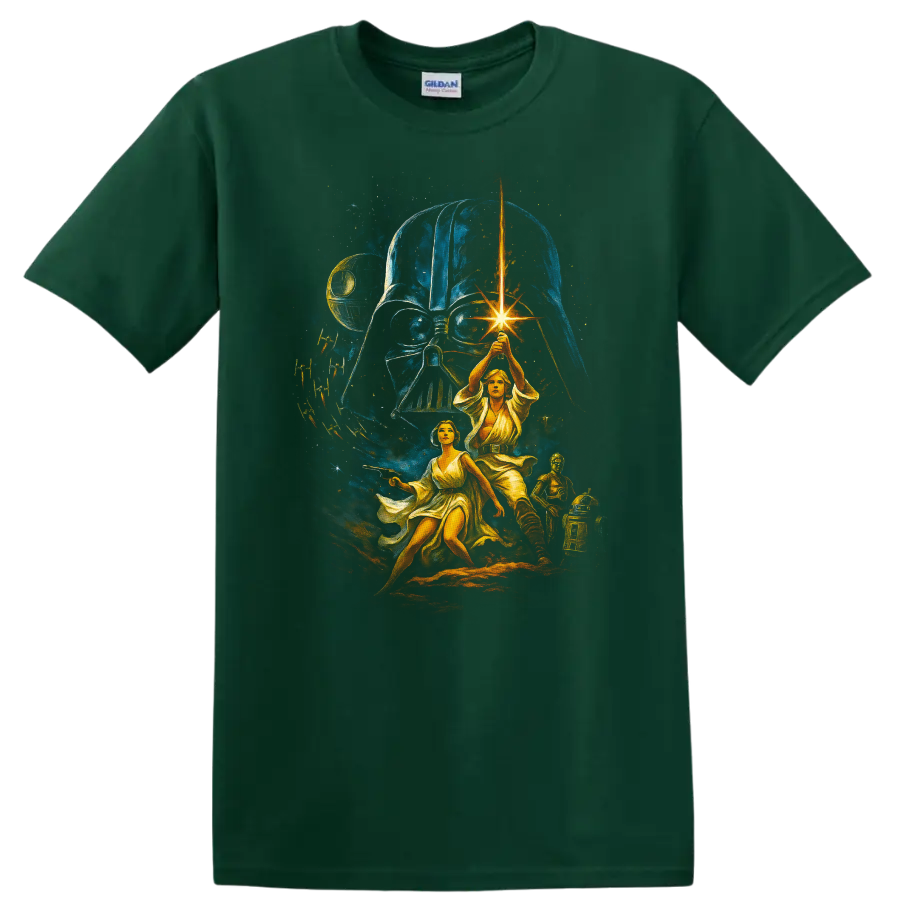 Star Wars Darth Vader and Luke Skywalker lightsaber battle artwork T Shirt on a Forest Green T Shirt