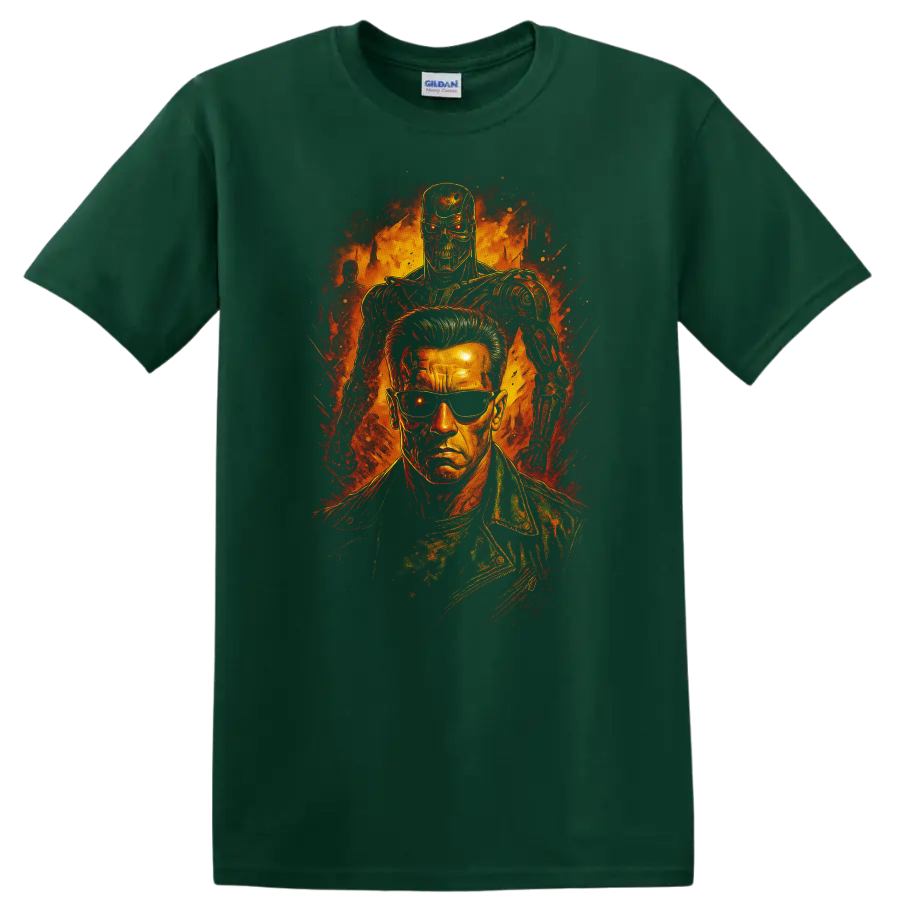 The Terminator cyborg and Arnold-style action portrait graphic T Shirt on a Forest Green T Shirt