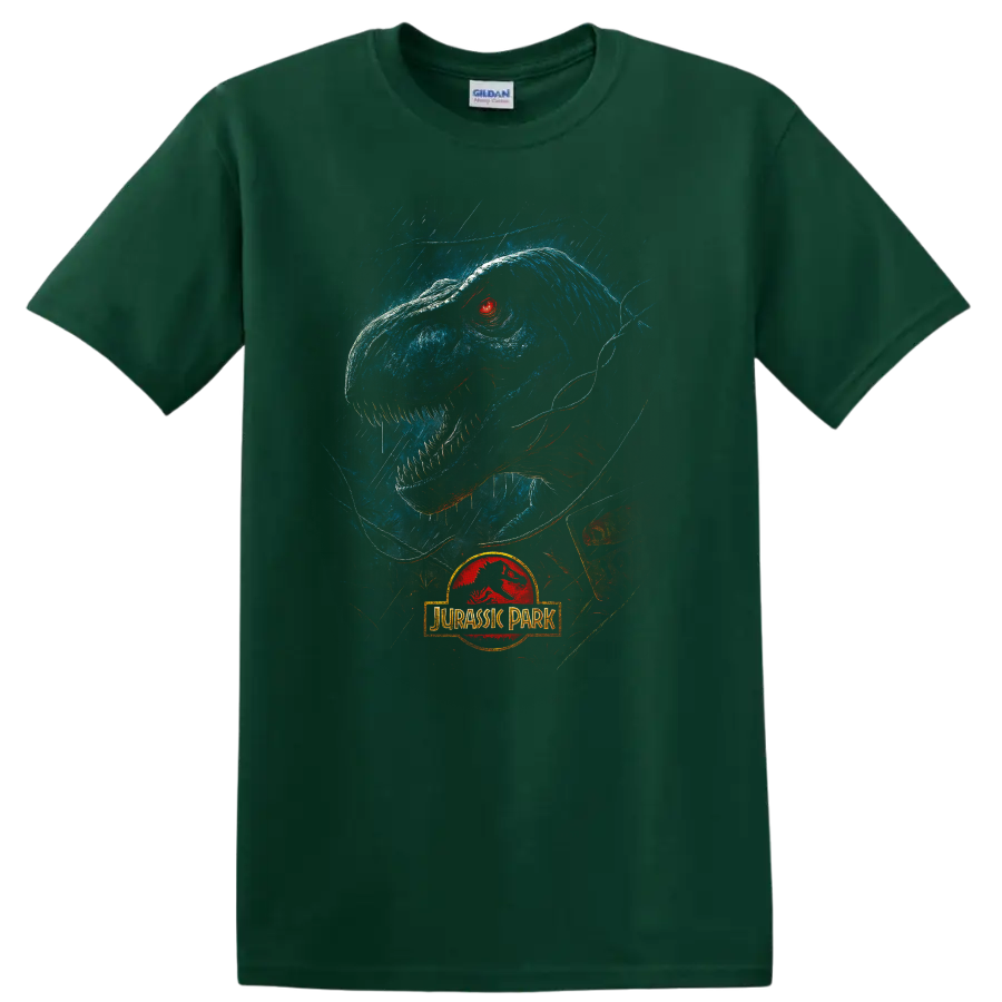 Jurassic Park T rex in rain with glowing red eye and logo T - Forest Green