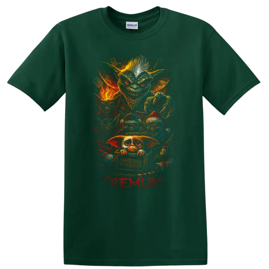 Gremlins horror movie creature collage with fiery retro art and bold red text on a T shirt on a Forest Green T Shirt