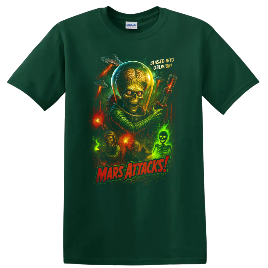 Mars Attacks alien invasion retro movie poster art with alien leader, saucers, and bold title on a Forest Green T Shirt