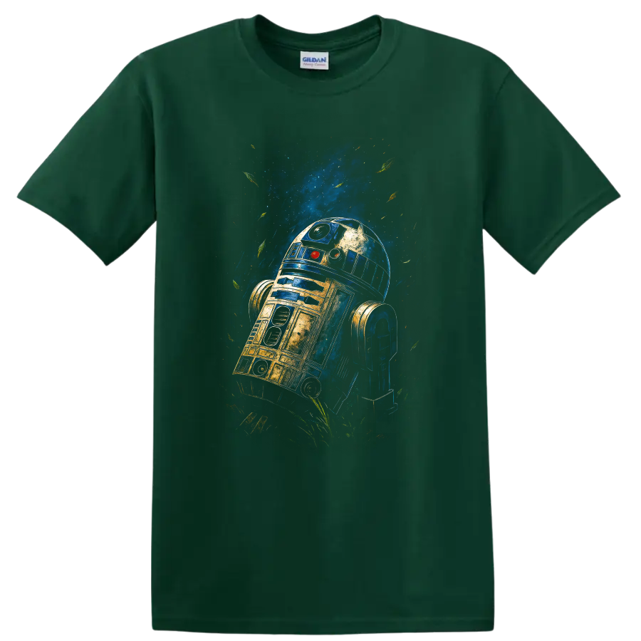 R2-D2 painted galaxy art T-shirt on a Forest Green T Shirt