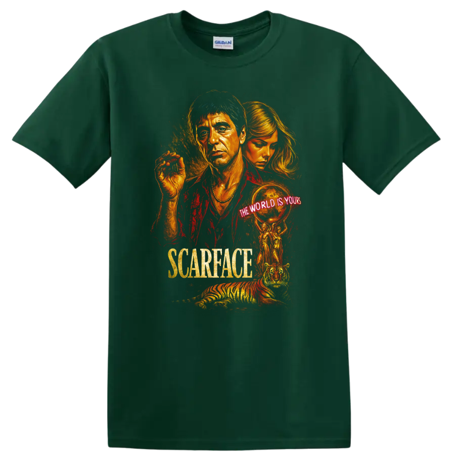 Scarface inspired movie poster art with neon The World Is Yours text and tiger on T shirt on a Forest Green T Shirt