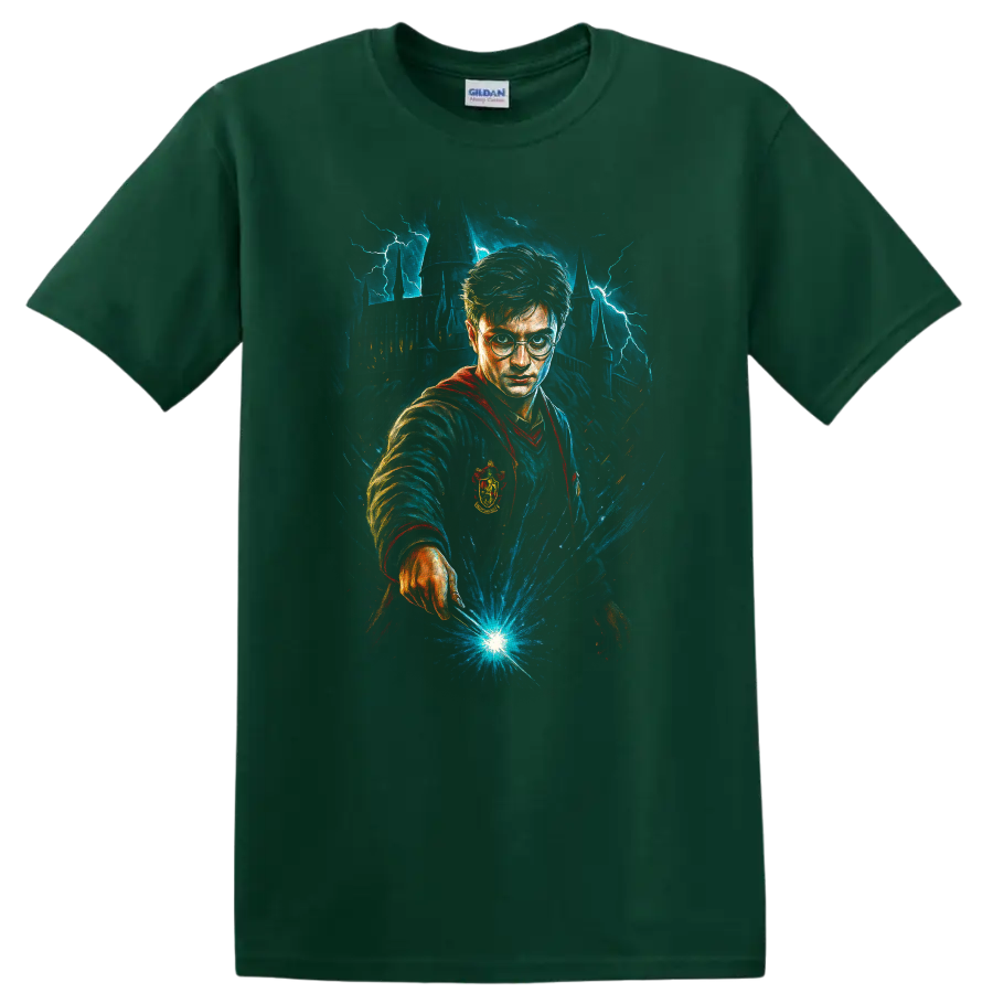 Wizard with glasses casting blue magic in front of a lightning-struck castle T Shirt on a Forest Green T Shirt