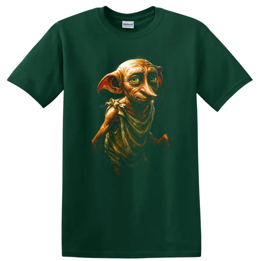 Painterly Dobby fantasy portrait with large ears and expressive eyes on a Forest Green T Shirt