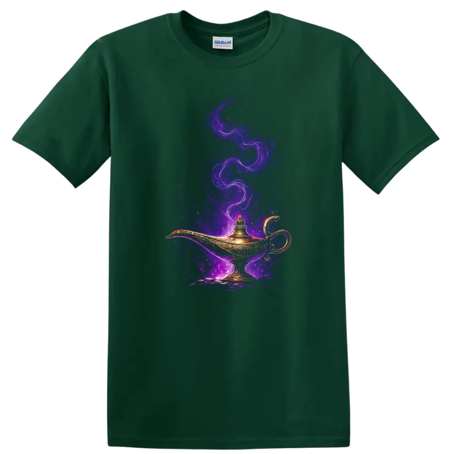 Ornate magic lamp with glowing purple smoke fantasy art T Shirt on a Forest Green T Shirt