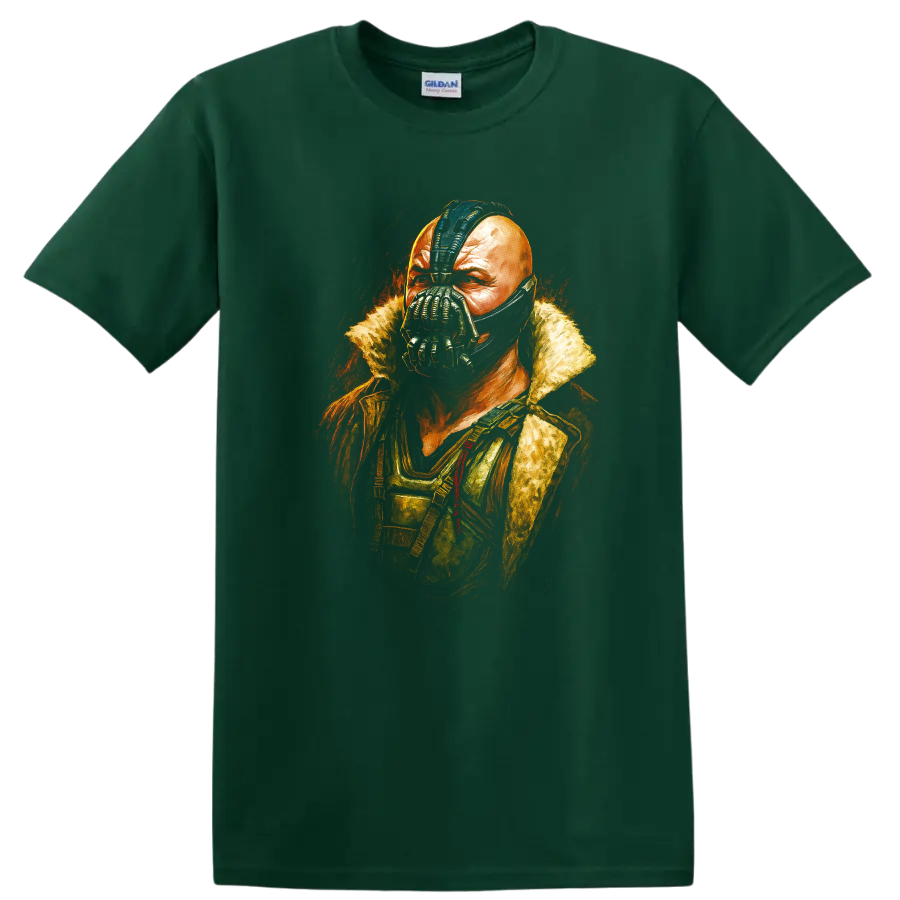 Bane portrait artwork from The Dark Knight Rises graphic T shirt on a Forest Green T Shirt