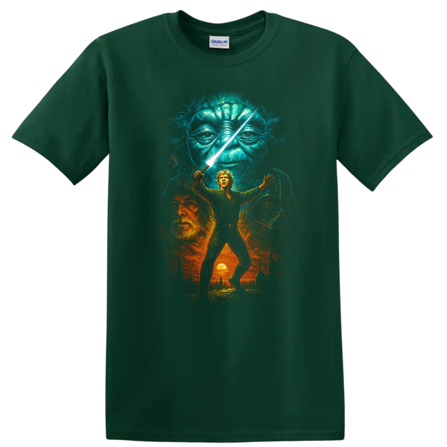 Star Wars inspired Jedi battle scene with Luke, Yoda, and Darth Vader artwork on a T shirt on a Forest Green T Shirt