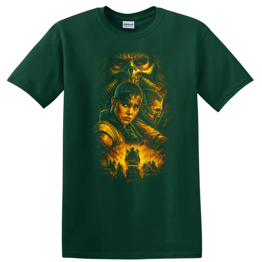 Mad Max Fury Road inspired post-apocalyptic movie art T-shirt graphic with fiery desert action and on a Forest Green T Shirt