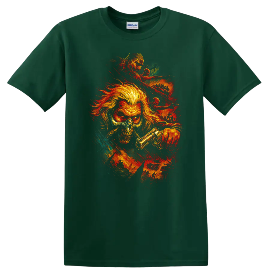 Mad Max inspired skull warrior with gun and fiery post-apocalyptic action graphic T Shirt on a Forest Green T Shirt
