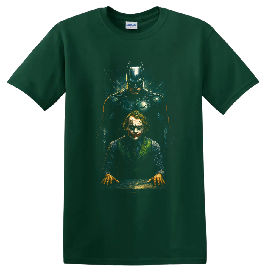 Batman standing behind the Joker in dramatic The Dark Knight graphic T Shirt design on a Forest Green T Shirt