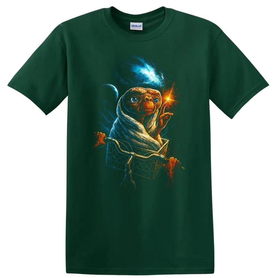E.T. riding in a bike basket with glowing fingertip cosmic space artwork on T shirt on a Forest Green T Shirt