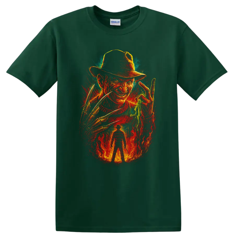 Freddy Krueger horror artwork with fedora, razor glove, and flames T shirt on a Forest Green T Shirt