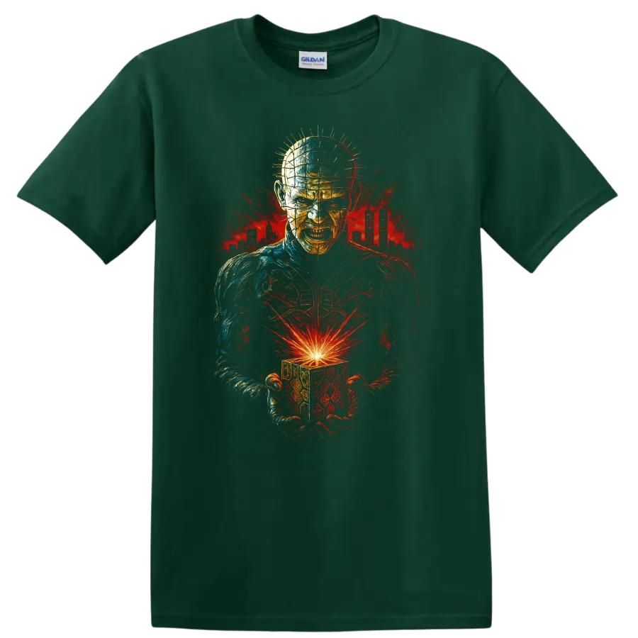 Hellraiser-inspired horror figure holding a glowing cube T Shirt on a Forest Green T Shirt